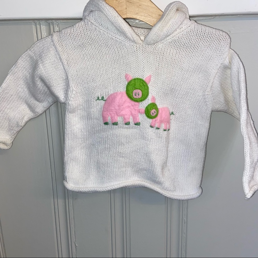 Mary James White Hooded Sweater with Felt Pig Appliqué